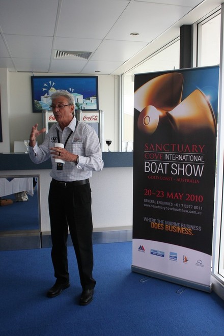 In his role as GM of Sanctuary Cove International Boat Show, Barry Jenkins, thanks sponsors, the government depts and other supporters at the SCIBS launch. © Jeni Bone
